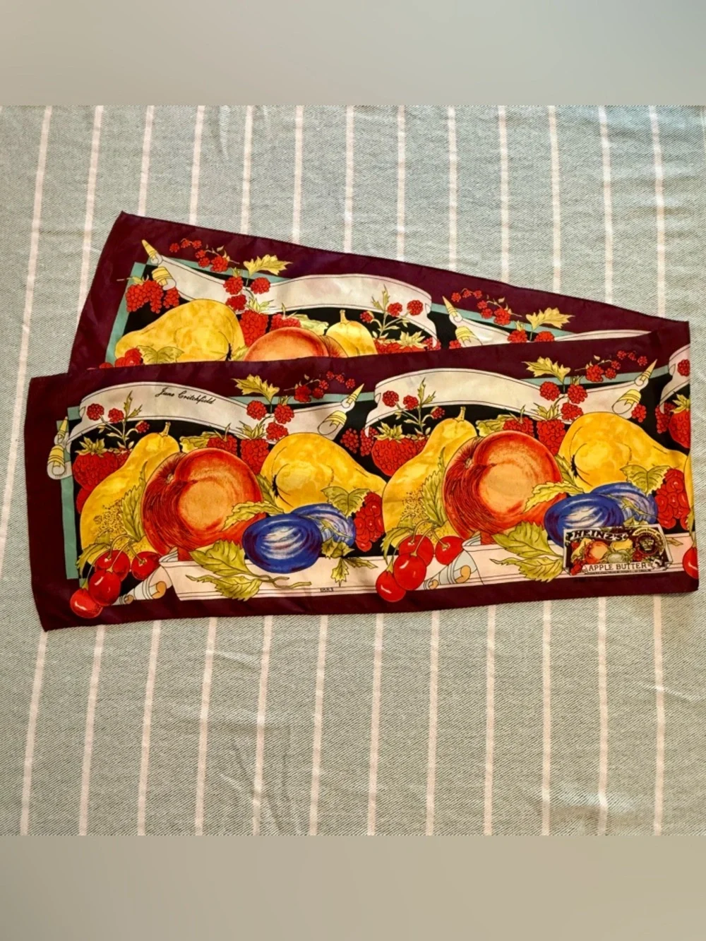 VTG June Critchfield silk scarf, fruit print, Heinz's Apple Butter 1989 drawing